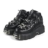 DONLIS Botas de tacón alto para mujer, zapatos de cuero estilo Rock de metal pesado, botas de plataforma gótica, botines con cordones de tacón grueso punk,Negro,41