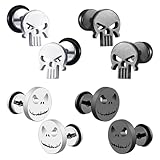 SYEYCW 4 pares de aretes de calavera, de acero inoxidable, hipoalergénicos, con diseño de calavera, estilo punk, juego de aretes de mueca con tornillos, accesorios de hebilla para las orejas, joyería