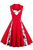 AXOE Mujer Vestido de Cóctel Estilo Años 50 Rockabilly Elegante Fiesta Vintage hasta la Rodilla Rojo con Flores, Talla 36-38, S