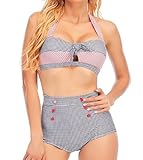 Bslingerie® Traje de baño de bikini de talle alto retro vintage push up para mujer, talla grande, Cuadros - Cuadros, 52