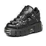 Zapatos vintage con cordones para mujer, plataforma de metal pesado, caña baja, punk, zapatos pequeños de cuero, botas oscuras para motocicleta, Negro -, 37 EU