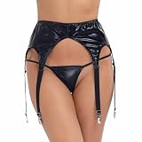 iiniim Liguero de Charol Cintura Alta Metal Lencería Erótica Ropa Interior Conjunto de Ligas con/sin Tanga Tirantes Medias para Mujer Adulto Negro Talla única