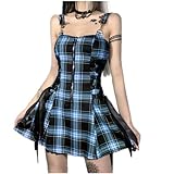 Andiwa Gótico De Cintura Alta Sexy Sin Respaldo Mini Vestido A Cuadros Centro Comercial Gótico Grunge Punk Negro Estética Vestido Y2k Vestido De Fiesta, azul, M