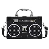 SPORWAY Bolso de hombro retro para mujer: 19 x 12 x 5 cm, oblicuo, bolso de hombro con radio, bolso de hombro para los años 80 y 90, decoración de discoteca, color negro, Negro, WMY-WDPH237