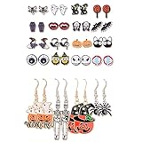 20 Pares Halloween Pendientes para Mujer Calaveras Arañas Calabazas Espeluznantes Pendientes Colgantes y Murciélagos Ojos de Gato Pendientes de Botón Caramelo Accesorios Terroríficos para Halloween
