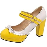 HOTRA Mujer Rockabilly Pump Mary Janes con Lazo Zapato Retro de Punta Redonda con Correa al Tobillo Zapatos Oxford con Plataforma (Color : Yellow, Size : 38 EU)
