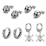 Hinvan Pendientes Calavera Hombre Mujer 4 Pares, Pendientes Hombre Acero Inoxidable, Pendientes Mujer Plata, Pendientes Aros Hombre, Pendientes Colgantes Mujer Pendientes Boton Hombre Aretes Calavera