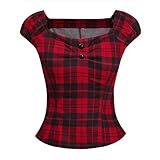 Verano Mujer Vintage 50s Pinup Campesino Camisas Gingham Rojo Tops Retro Rockabilly Blusas-1-S