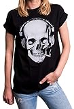 MAKAYA Top Talla Grande Manga Corta - Auriculares - Camiseta Musica para Mujer con Calavera Negro M