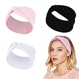 WUSJCOF Diademas elásticas 3 unidades, cruzada de algodón para verano, cinta con nudo, pelo, accesorio cabello mujeres, turbantes bohemios para pañuelos cabeza, bandana para yoga (Negro, blanco, rosa)