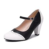 elerhythm Zapatos de tacón para mujer de los años 20 Gatsby Oxford, estilo vintage de los años 50, con puntera cerrada, con correa de tobillo, blanco y negro, 39 EU