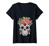 Mujer Flor Azúcar Cráneo Almas Día Muertos Día De Halloween Camiseta Cuello V