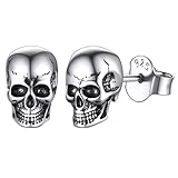 ChicSilver Pendientes Calavera Plata de Ley 925 Hombre Mujer Aretes Cúbicos Cabeza Cráneo Esqueleto Joyería Punk para Halloween