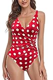 JFAN Bañador para Mujer Escote en V Trajes de Baño de Una Pieza para Mujer Cordón Bikinis Push Up Monokini Punto Rojo L