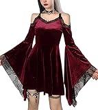 XKBHYD Vestido gótico de terciopelo para mujer, vestido vintage de bruja, vestido de hada Lolita, vestido de encaje con retazos punk, grunge, 06-Rojo, S