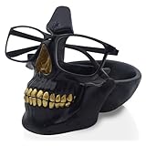 VIPbuy Soporte portagafas de calavera, novedoso soporte con bandeja de almacenamiento para mesilla de noche, escultura de resina con cabeza de calavera para decoración de escritorio (Negro)