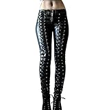 Pantalones de Cuero Punk gótico para Mujer Moda Vendaje de Color sólido Skinny Party Night Club Pantalones de Cuero
