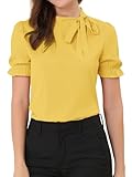 Allegra K Blusa de manga corta con pajarita para mujer, estilo vintage 1940, elegante, para oficina, amarillo, 48