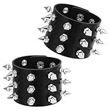 JIYIN 2 piezas Pulseras de cuero punk rock, punk rock tachonadas pulsera gótica punk rock de cuero para hombres y mujeres pulsera de cuero de correa ancha de los años 80 puños ajustables