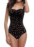 SHEKINI Mujer Traje de Baño de Una Pieza Elegante Ruché Ajustable Halter Deportivo Transparente Mesh Bañador Chic Slim Control Abdomen Bikini de Una Pieza de Playa(M, Impresión de Cereza)