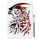 MAYJOYDIY Plantillas de muerte de guadaña de la muerte para pintar de 11.7 x 8.3 pulgadas, plantilla reutilizable de calavera para manualidades, plantillas de dibujo con pincel para manualidades en
