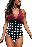 JFAN Trajes de Baño Vintage con Lazo en V Bañadores Mujer de Una Pieza Bañador Mujer Reductor Barriga Borgoña Lunares XL