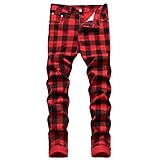MaNMaNing Pantalón Vaquero Elástico de Ajuste Entallado Hombre Pantalones Ajustados de Cintura Media para Hombre, Informales, con Estampado a Cuadros, Cremallera, Bolsillo con