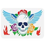 FINGERINSPIRE Plantilla de calavera con alas para pintar, 21 x 29,7 cm, reutilizable, diseño de alas de esqueleto, plantilla de plástico PET con rosas y llamas, plantilla decorativa para decoración de