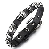 COOLSTEELANDBEYOND Gótico, Calavera Negro Cuero Pulsera con Vintage Cráneo Colgantes, Hombre Mujer, Brazalete, Cierre de Hebilla
