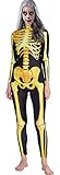 RAISEVERN Mono de Halloween para mujer Estampado 3D Zombie Digital Esqueleto Body Slim Fit Traje de calavera amarilla dorada Medias únicas Traje de piel Catsuit Mono para fiesta de noche de vacaciones
