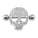 AZARIO LONDON Piercing de pezón con diseño de calavera y piedras preciosas, para pezón, 14 g, Circonia cúbica, Circonia cúbica