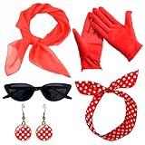 Makoto Nobu 50's Costume Accessories Set,5 Piezas Accesorios Mujer Retro, Lunares Bandana Bufanda Pendientes Gafas Guantes rojos para Halloween Carnival Fiesta de Cumpleaños(Rojo)