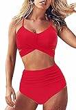 JFAN Bikini para Mujer Push Up Brasileños Bañador de Fruncido Traje de Baño de Cintura Alta Atar en la Espalda Rojo,XL