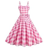 Wellwits Vestido vintage formal de cóctel con tirantes para mujer, escote corazón, doble botonadura, para ocasiones especiales, cóctel, Cuadros rosa., M