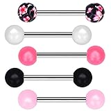 OUFER Tongue Barbells 5pcs Candy Color with Flower Pattern Tongue Barball Piercing Body Jewelry Tongue Rings