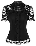 SCARLET DARKNESS Tops de encaje steampunk para mujer, manga corta, cuello alto, Negro , XL