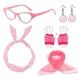 Accesorios de ropa de la década de 1950, gafas con incrustaciones de diamantes, diadema rosa, bufanda de lunares, pendientes vintage, guantes de rejilla, fiesta temática vintage (rosa)