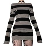 Owegvia Minivestido gótico punk para mujer, vestido vintage de punto a rayas, vestido ajustado con hombros descubiertos, cuello barco, manga larga, vestido corto para fiesta callejera, Negro, M