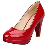 Bviennic Mujer Closed Toe Tacón Alto Pump Boda Vestido Elegante Punta Redonda Bride Verano Fiesta Charol Plataforma Zapatos Sin Cordones Rojo Talla 38 Eu-39Cn
