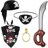 Jadive 5 Accesorios de Disfraz de Pirata Halloween, Sombrero de Pirata de Calavera de Cola Larga Pañuelo de Calavera Parche de Ojo Pendiente de Gancho Oro Espada de Pirata Inflable para Fiesta