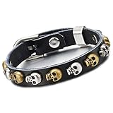 COOLSTEELANDBEYOND Gótico, Vintage Envejecido Plata Latón Cráneo Calavera Negro Cuero Pulsera de Hombre Mujer, Brazalete, Cierre de Hebilla