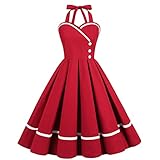 Vestido de Cóctel Vintage de Los Años 50 para Mujer Una Línea Sin Mangas Cuello Halter Lunares Retro Rockabilly Vestido de Columpio hasta la Rodilla Vestido de Fiesta de Boda Rojo Oscuro S