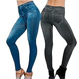 2Pcs Leggings Leggins Jeggings Vaqueros Pantalones Elásticos para Mujer Azul y Negro (Talla Pequeña)