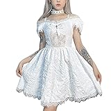 Cynefoa Vestido de encaje gótico negro de manga corta para mujer, vestido midi vintage con tirantes huecos, vestido punk, blanco, M