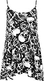 WearAll - Mujer Nueva Camiseta Acampanada con Tirantes Y Estampado de Calaveras Y Rosas - Negro Blanco - 52-54