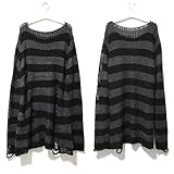 mingxinshangdian Punk Gótico Largo Unisex Suéter Verano Mujer Rayas Fresco Agujero Hueco Jersey Roto Suelto Rock Delgada Ropa De Calle Oscura Top-Gris-Talla única