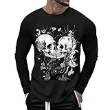 Gefomuofe Camiseta de manga larga para hombre, diseño de calavera, manga larga, monocolor, básico, botón, retro, cuello de pico, manga larga, parte superior, elástica, deportiva, camiseta de ocio,