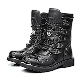 JIAYUTOO Hombres Botas De Montar, Steampunk Moda De Encaje Hasta PU Botas De Cuero De Caballero, Heavy Metal Militar Botas Botas De Combate Para El Aire Libre (Black,44)