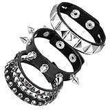 Yolev Juego de 3 pulseras punk rock tachonadas con tachuelas de cuero negro, remache punk, brazalete de metal con botón a presión para hombres y mujeres, accesorios de Halloween, No es una piedra