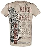Rock Rebel by EMP Hombre Camiseta Beige con Llamativo Estampado de Calavera y Letras S